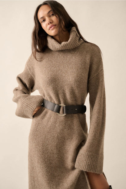 Work From Clothes, Solid Felted Knit Cowl-Neck Midi Sweater Dress by Promesa USA